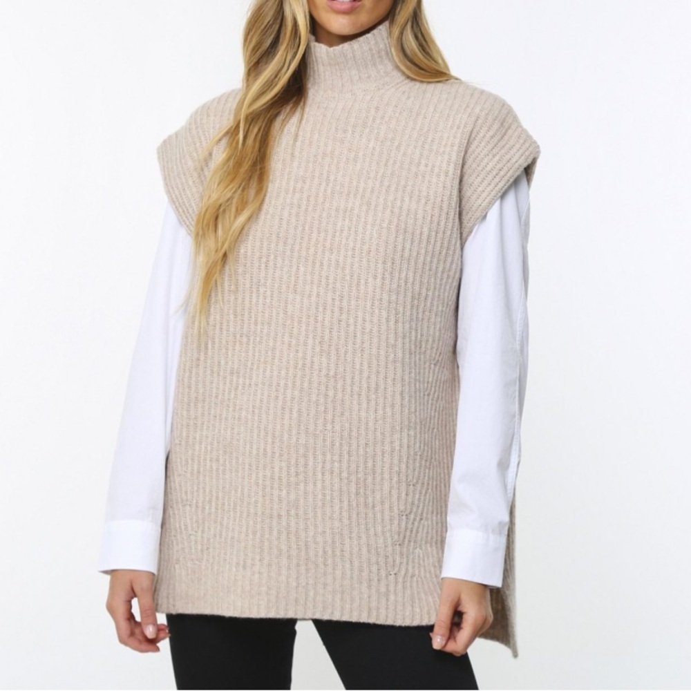 Ganni Rib Knit Mockneck Oversized Sweater Vest Beige NWT Size XS